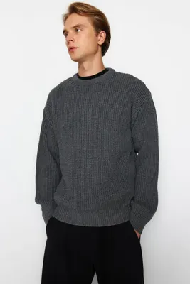 TRENDYOL MAN Antrasit Oversize Fit Geniş Kalıp Bisiklet Yaka Basic Triko Kazak TMNAW23KZ00189