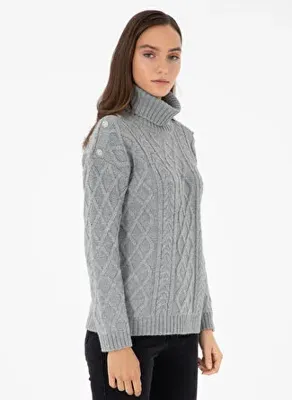 Pierre Cardin Gri Melanj Kadın Tam Balıkçı Regular Fit Örgü Kazak SUDE
