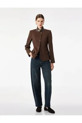 Koton Viskon Karışımlı Uzun Kollu Suni Deri Yaka Slim Fit Ceket