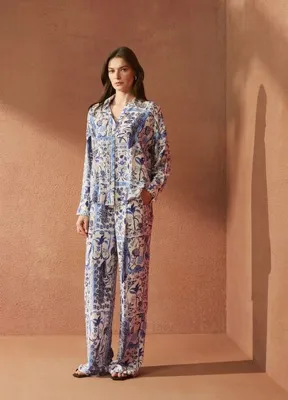 Beymen Collection Lacivert Beyaz Desenli İpek Gömlek