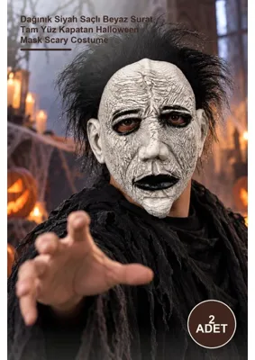Yenilig 1 Adet Lateks Korku Maskesi – Dağınık Siyah Saçlı Beyaz Surat, Tam Yüz Kapatan Halloween Mask Scary Costume