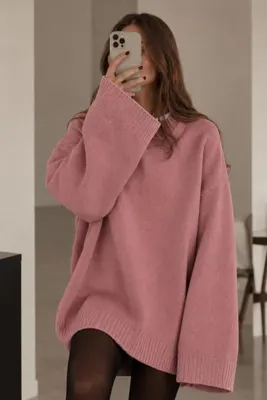 YUGA KNİTTİNG OVERSİZE YUMUŞAK DOKULU KADIN TRİKO ÖRME UZUN KAZAK ELBİSE TUNİK