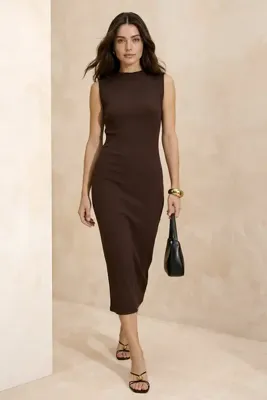 TRENDYOLMİLLA Kahverengi Bodycon Dik Yaka Kolsuz Volanlı/Fırfırlı Dokulu Örme Elbise TWOSS26EL00038