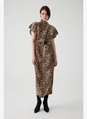Exquise Leopar Desenli Kemerli Kolsuz Midi Elbise