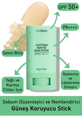 VioGlam Cotton Matte Sun Stick Güneş Kremi Spf50 Pa Yağlı / Karma Ciltler Için Saten Bitiş (VİONİNE)