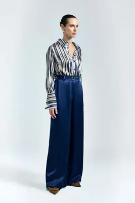 Sateen Lisa Kemer Detaylı Saten Pantolon - Lacivert