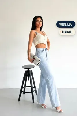 HLT JEANS Kadın Mavi Kar Wide Leg Yüksek Bel Likralı Jean Kot Pantolon JESSİCA-2039