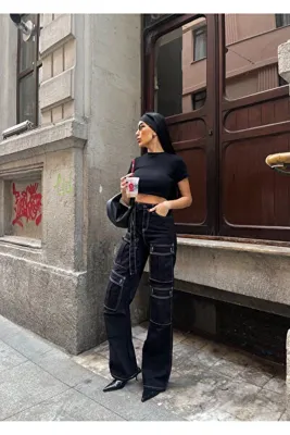 AREF JEANS Uzun Salaş Kargo Kadın Kot Pantolon