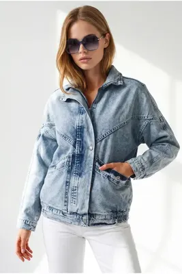 Olalook Kadın Açık Mavi Cepli Fermuarlı Çıtçıtlı Uzun Denim Ceket CKT-19000258