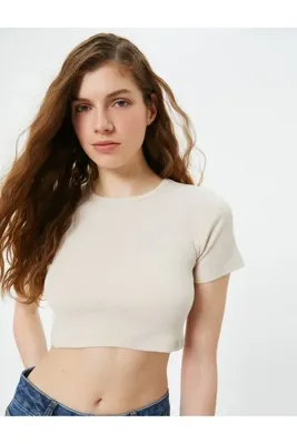 Koton Basic Crop Tişört Ribanalı Kısa Kollu Bisiklet Yaka Slim Fit