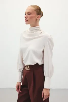 Sateen Drape Detaylı Bluz - Bej