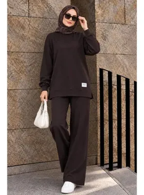 Neva Style Bisiklet Yaka Basic Oysho Koyu Kahverengi Tesettür İkili Takım 10412KKH
