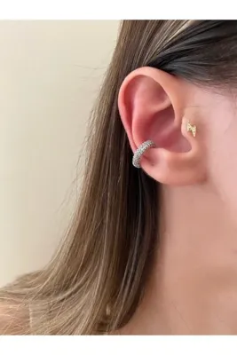 Okko Store Kadın Silver Rengi Taşlı Halka Earcuff Kıkırdak Küpe