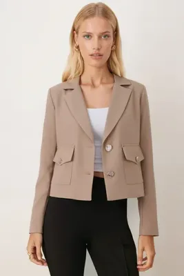 armonika Kadın Vizon Erkek Yaka Kare Cepli Astarlı Crop Ceket ARM-26K001026