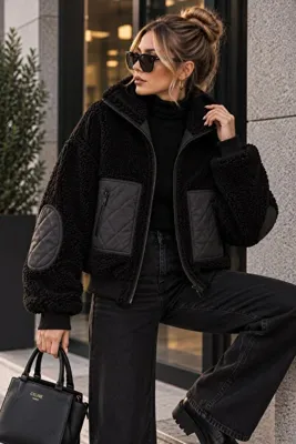 qeteen Kadın Peluş Mont Fermuarlı Kapitone Cepli Dik Yaka Kışlık Teddy Mont