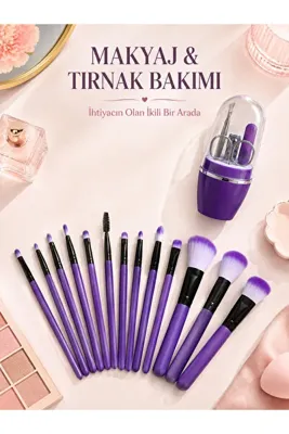 SORA GROUP Makyaj ve Tırnak Bakım Seti 12’li Mor Makyaj Fırçaları Manikür Pedikür Seti Günlük Kişisel Bakım Pak