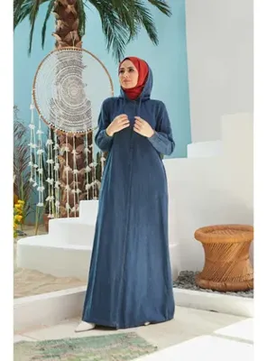Neways 6494-Denim Kapşonlu Düğmeli Ferace Mavi
