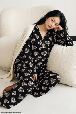 Siyah İnci Siyah Leopar Desenli Örme Düğmeli Pamuklu Pijama Takım 7976