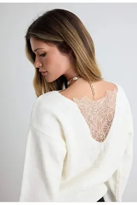 NATUFIAN STORE Kadın Sırtı Dantel Detaylı Sıfır Yaka Yumoş Basic Triko Kazak