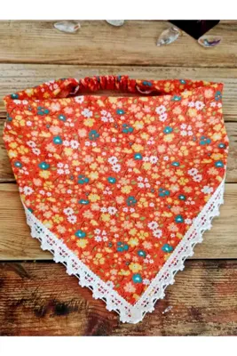 Mufincollection Turuncu -Çiçek Desenli - Dantel Detaylı - Lastikli Bandana