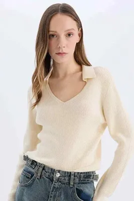 Defacto Slim Fit Dar Kesim Polo Yaka Crop Triko Kazak X4929AZ24AU