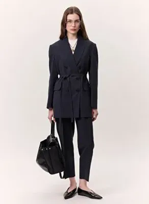 Manuka Tencel Kemerli Kruvaze Blazer Ceket İndigo