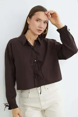 Fulla Moda Önü Bağlamalı Düğmeli Crop Gömlek