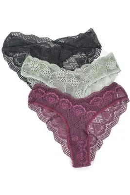 Butik 3'lü Full Dantelli Tanga Külot Brezilya Kesim Tanga Likralı Esnek Rahat Brazilian Külot