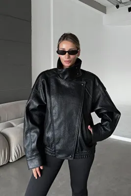 MANMARK Viral Oversize Kadın Deri Ceket Yüksek Yaka Siyah Urban Style Kadın Deri Ceket