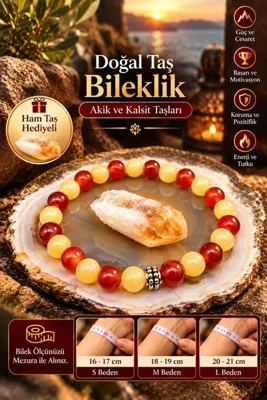 NBS Beautiful Naturel Stones Kırmızı Sarı Akik ve Kalsit Doğal Taş Bileklik – Unisex Şık Tasarım