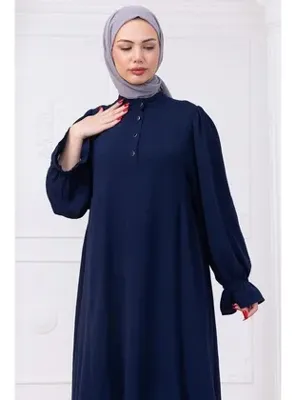hafsamina Kolları Lastikli Eva Tesettür Elbise Lacivert HM2758