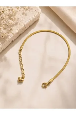 The Klōi Kadın Gold Renk Paslanmaz Çelik İtalyan Ezme Yılan Zincir Bileklik - Kalp Sallantılı Kararmaz Suya Dayanıklı Minimalist