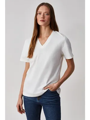 Grimelange ALINE Kadın %100 organik Pamuk Derin V Yakalı Comfort Fit BEYAZ T-Shirt