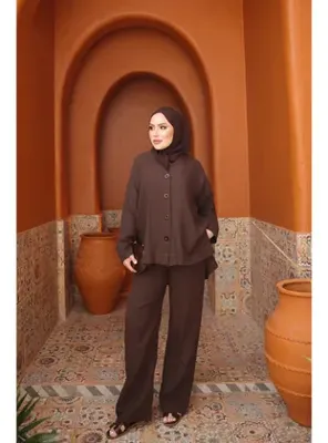 İmaj Butik Kahverengi Ceket Pantolonlu Müslin Takım