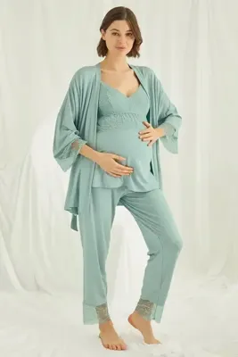 MONAMİSE 18469 Yeşil Hamile Lohusa 3 Lü Pijama Sabahlık Tk
