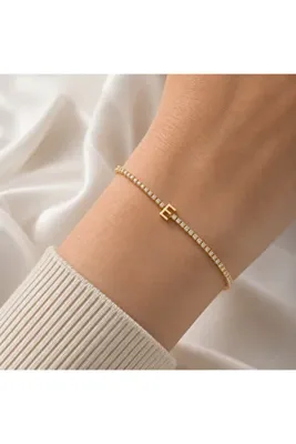 SY AKSESUAR E Harf Çelik Bileklik Zirkon Taşlı Ayarlanabilir Gold Kadın Bileklik
