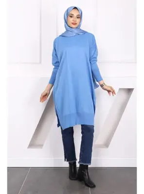 İmaj Butik İndigo Bisiklet Yaka Merserize Salaş Triko Tunik