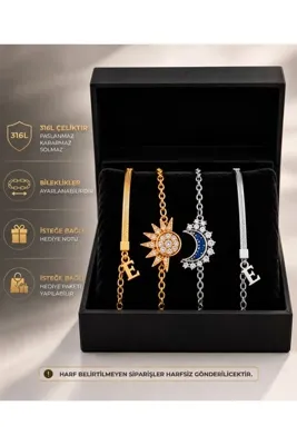 PURE BERRY Kişiye özel Sevgili Çift Bileklik Seti 4’lü – Mıknatıslı Ay Güneş Bileklik ve İtalyan Zincir Harfli Bileklik Kadın Erkek Sevgiliye Hediye