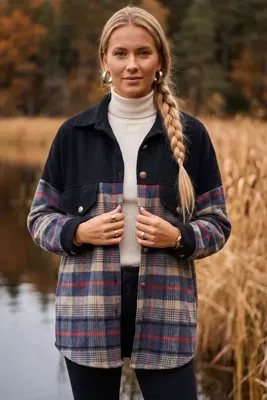 Chiccy Lacivert-Mavi Gömlek Yaka Manşetli Kollu Oduncu Ekose Düğmeli Casual Oversize Dokuma Gömlek 68 62