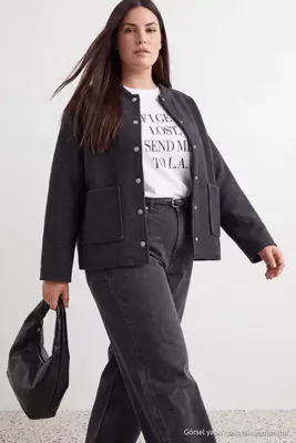 Trendyol Curve Gri Kaşe Cep Detaylı Dokuma Oversize Büyük Beden Ceket TBBAW27AG00005