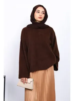 İmaj Butik Kahverengi Bisiklet Yaka Oversize Angora Yumoş Triko Kazak