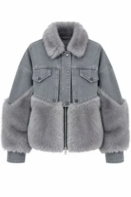 HAZELANNA Gri Peluş Kürk Panelli Denim Mont
