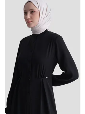 ARMİNE Pileli Hakim Yaka Elbise Siyah
