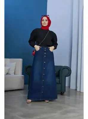Neways 2079-DENİM DÜĞMELİ ETEK Lacivert