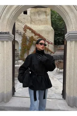 kırmızı butiks Siyah Loren Kemerli Süet Ceket