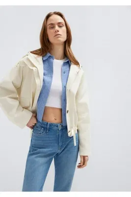 Mavi Kapüşonlu Bel Detaylı Ekru Kısa Ceket Oversize / Geniş Kesim 1110756-70065