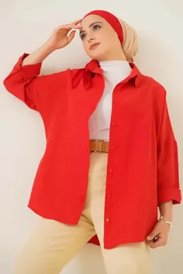 Bigdart 103901 Oversize Basic Tesettür Gömlek - Kırmızı