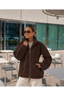 ON6STORE16 Kadın Ekru Peluş Teddy Ceket Kapüşonlu Fermuarlı Oversize Cepli Kışlık Mont