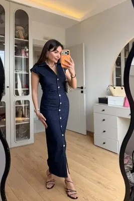 Gizem Ecemiş Kowski Darkblue Belden Oturmalı Denim Elbise