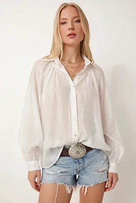 Lovelyİstanbul Balon Kollu Transparan Oversize Gömlek LYY0141 BEYAZ